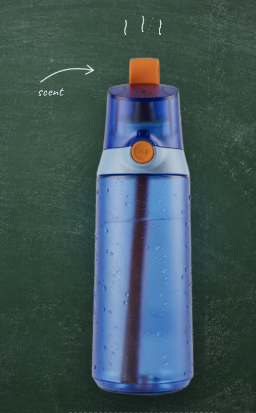Blue air up bottle covered in fresh water droplets