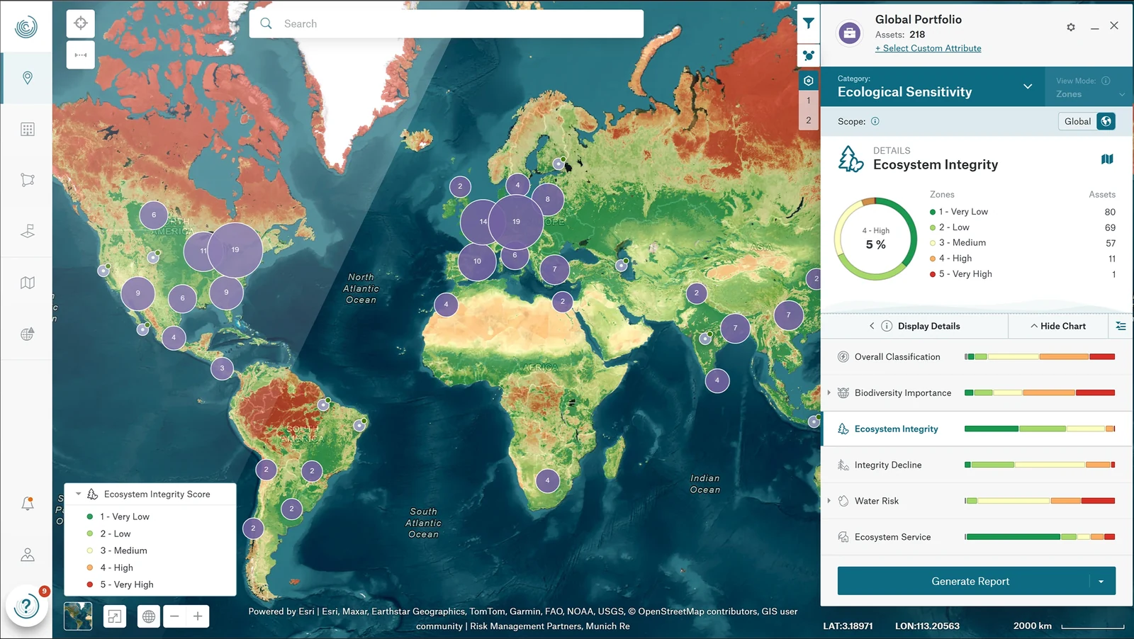 Global portfolio of 218 assets in Location Risk Intelligence, ecological sensitivity view