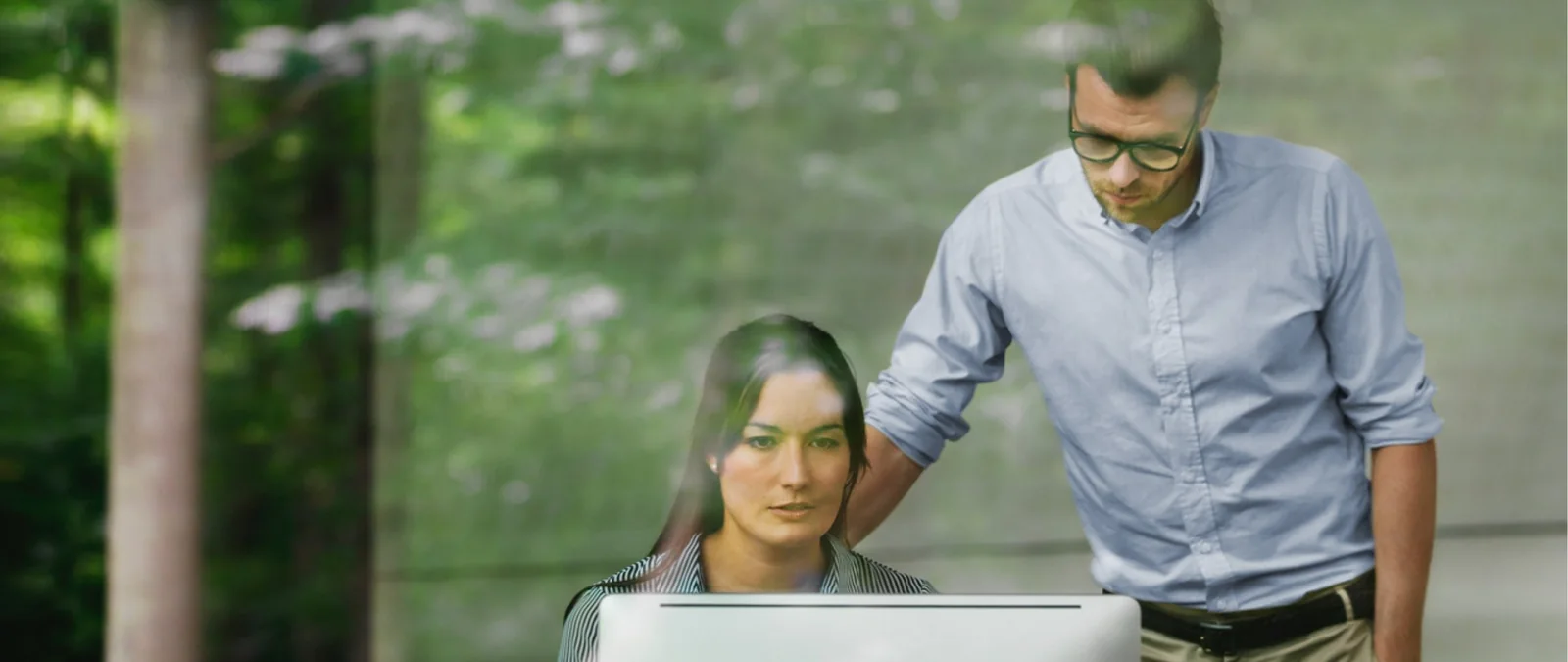 Two colleagues reviewing data on a laptop in a green office