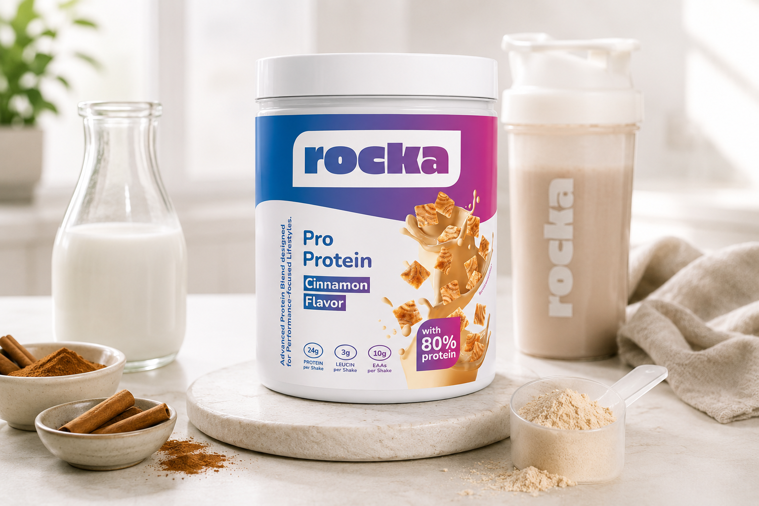 Pro Protein Zimt mit Milch, Shake und Zimtstangen